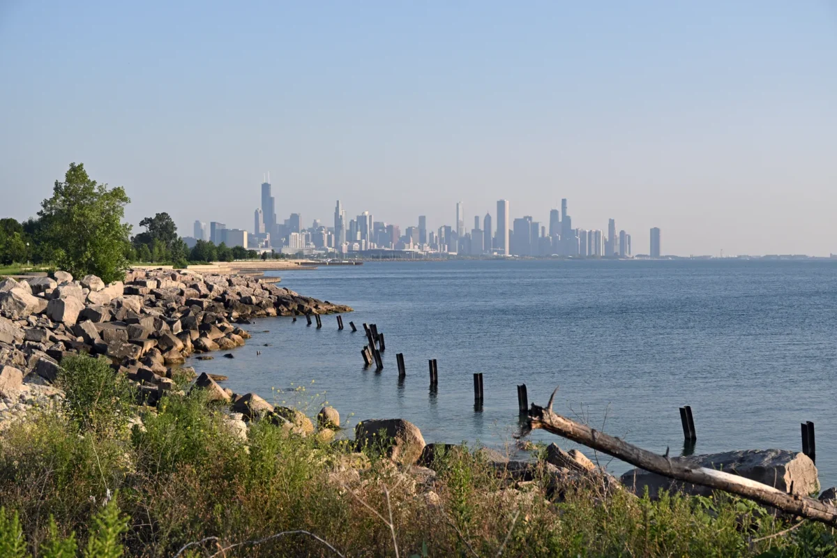 Chicago skyline seen from the Lakefront Trail, one of the best free things to do on Chicago's lakefront