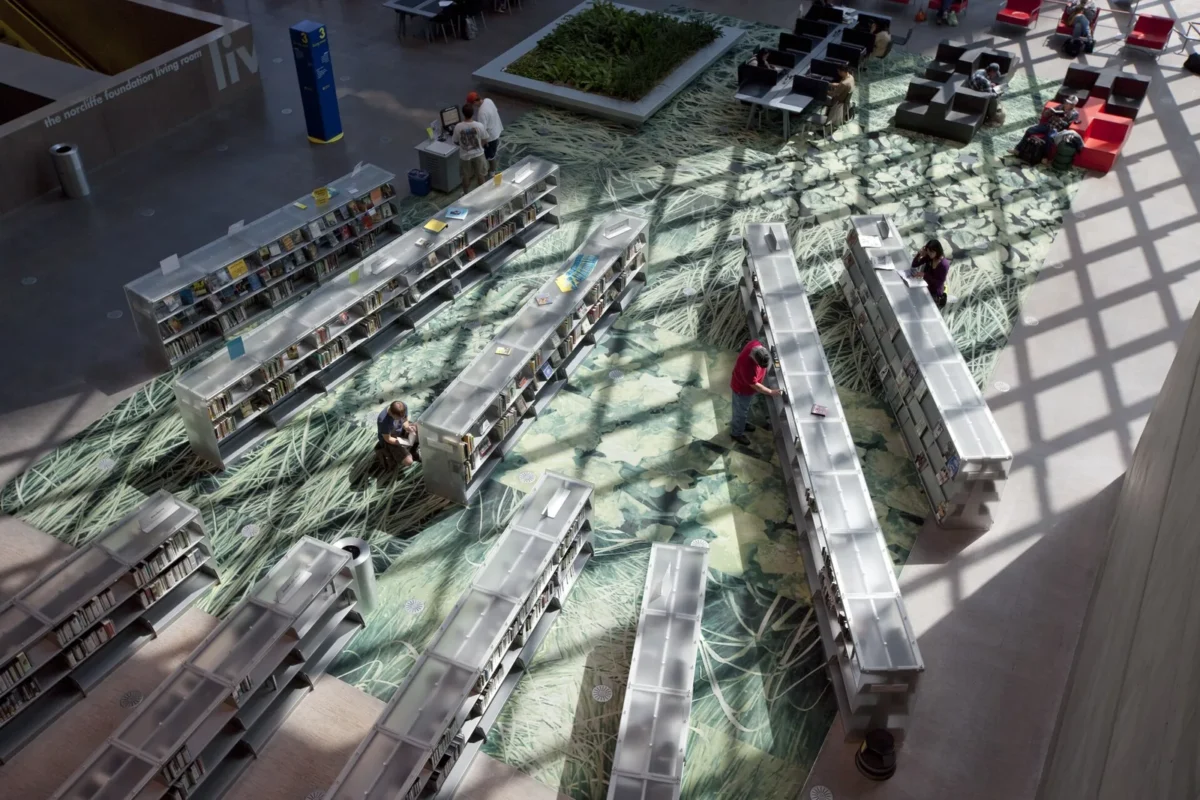 The light-filled interior of the Seattle Central Library, a favorite among rainy day things to do in Seattle